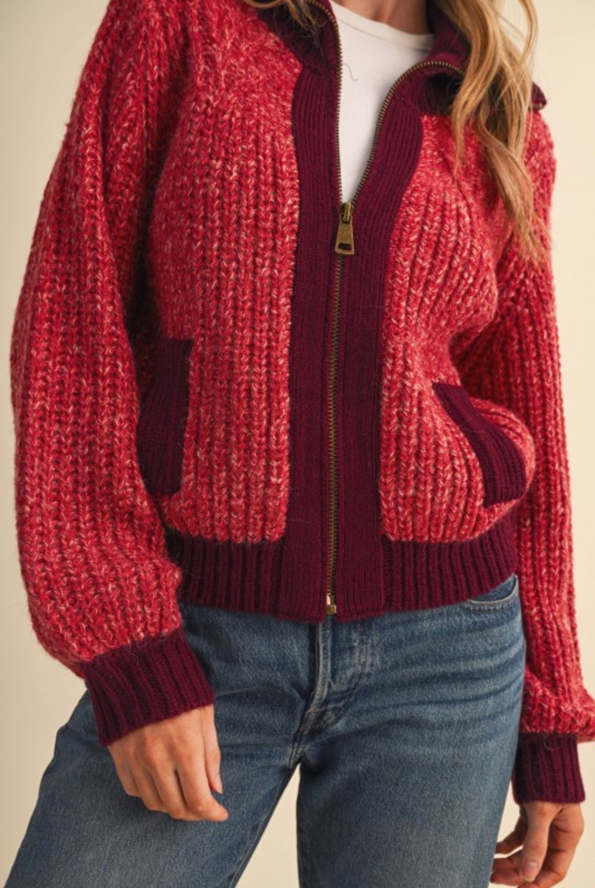 PERRI ZIP CARDIGAN - CHERRY RED