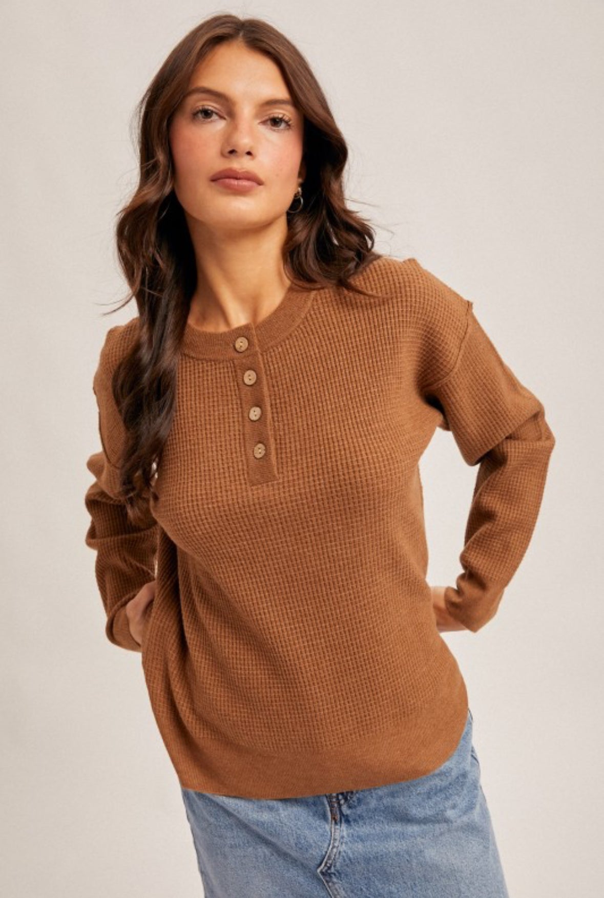 CAMI WAFFLE BUTTON-UP SWEATER