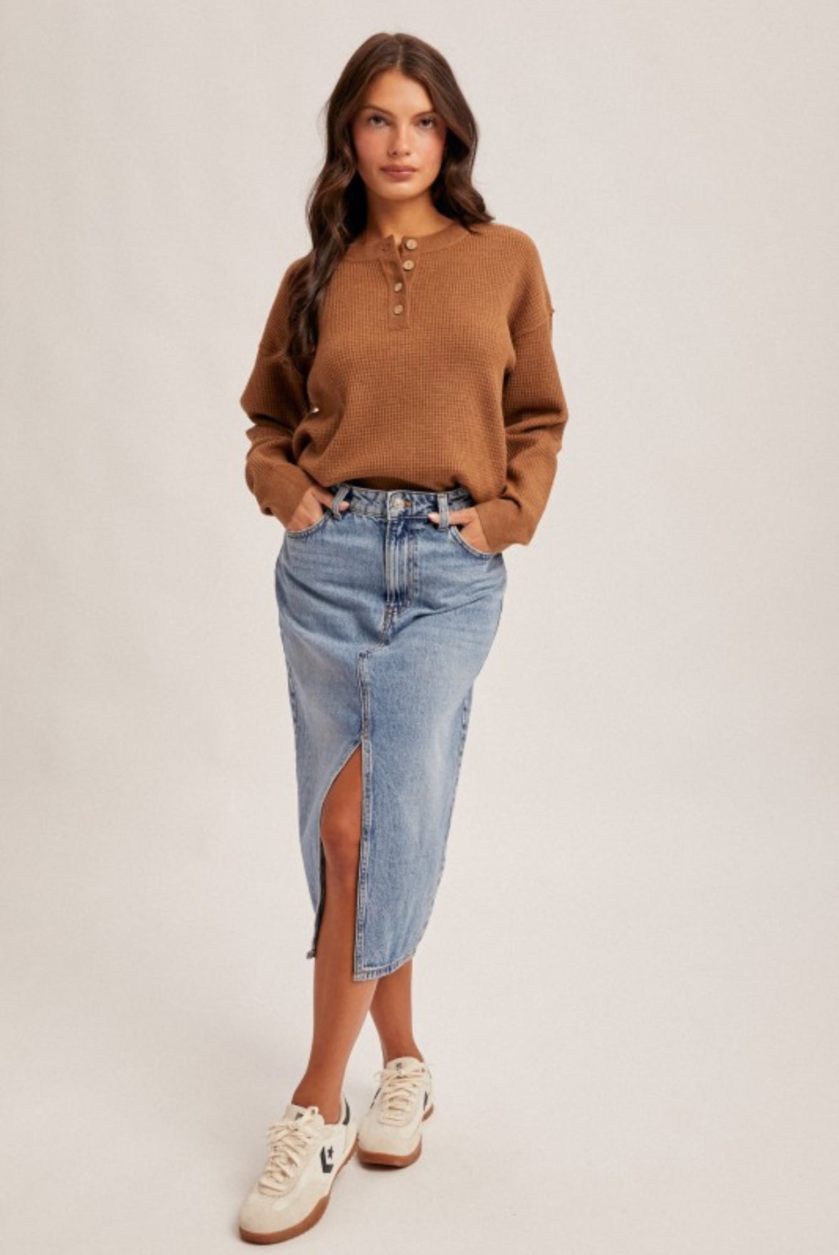 CAMI WAFFLE BUTTON-UP SWEATER